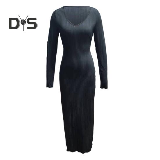 Fall Winter Women Dress V Neck Threa Loose Long Sleeves Solid Color Knitted Slim Waist Maxi Dress Stretchy Casual Dating Commuting Dress