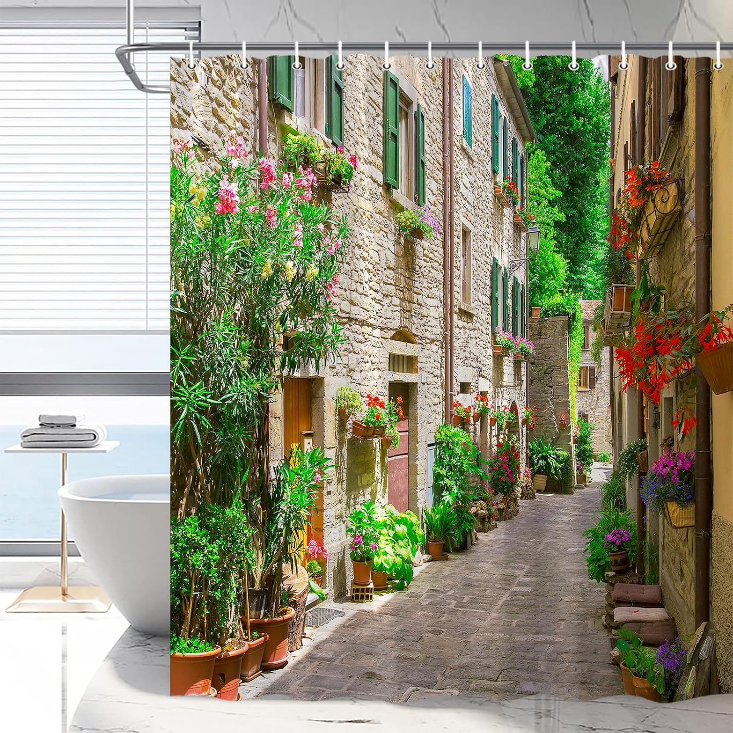 

Italian Landscape Shower Curtain Tuscan Town Flower Green Leaf Vine European Nature Country Garden Rustic Farmhouse Bathroom W60H190(CM)-1 Pcs