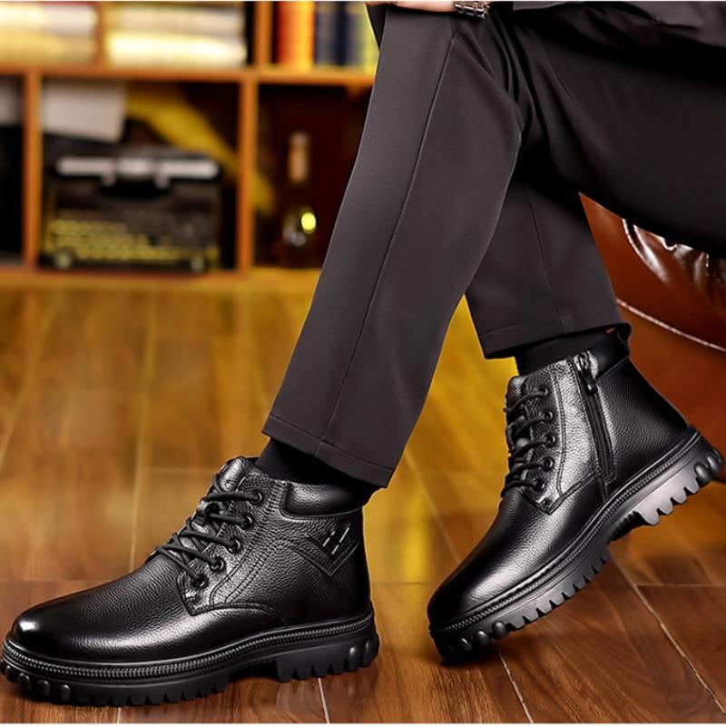 Fashion Designer Winter Velvet Cowhide Warm Platform Snow Boots Man Fashion Soft-soled Men's Cotton Shoes New Anti-slip Ankle Boots Male