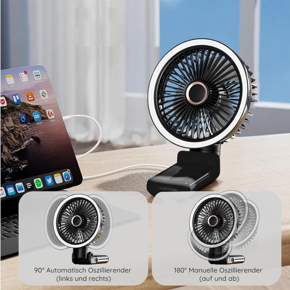 Multifunctional Quiet Table Fan with Night Light, 180 Oscillating Clip Fan, USB Small Handheld Fan for Home Office, Black