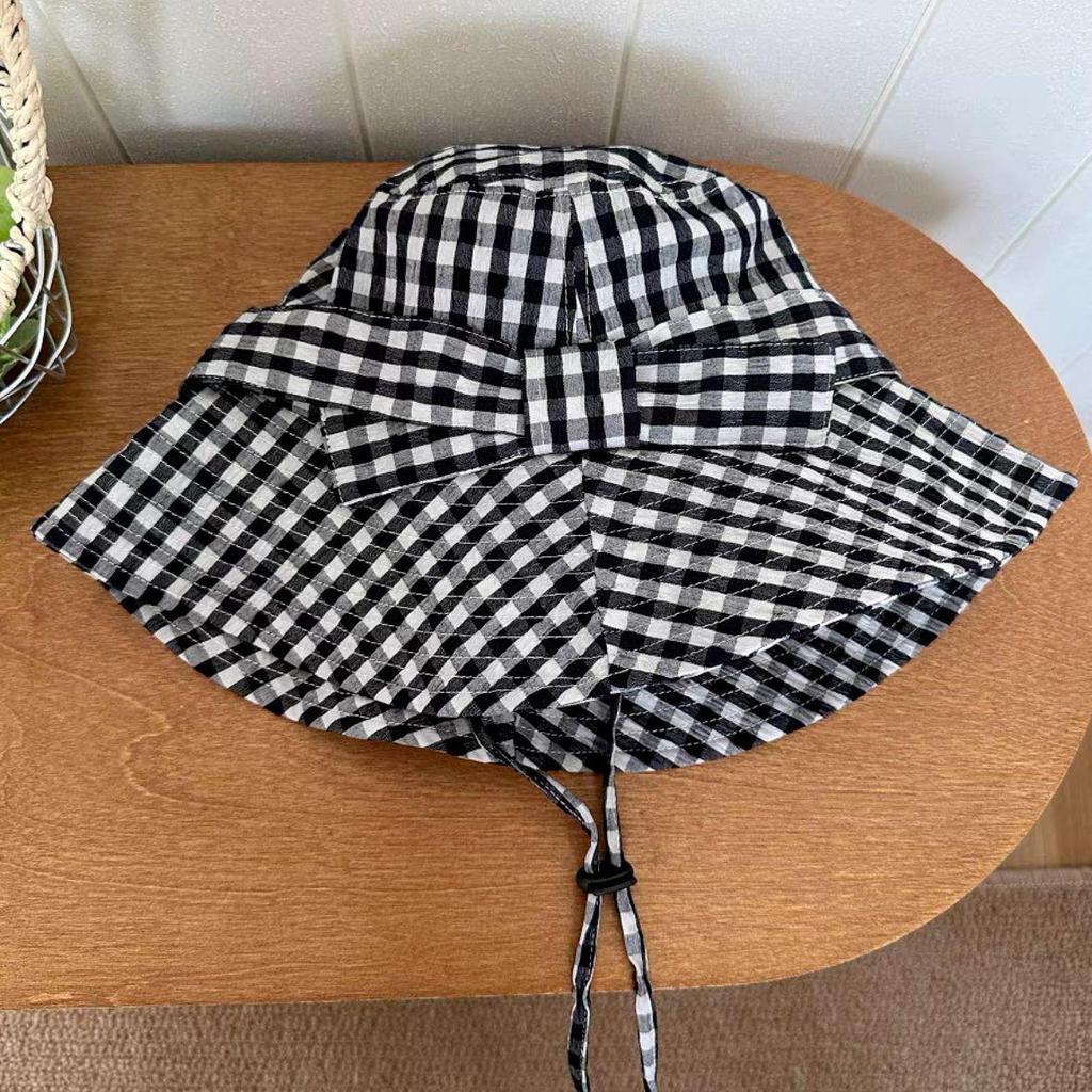 Japanese Style Women's Sun Protection Plaid Hat with Butterfly Knot - Wide Brim for a Slimmer Look
