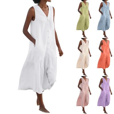 Women's Solid Color Summer Dress Sleeveless V Neck Button Down Casual Pocket Swing Short Dress