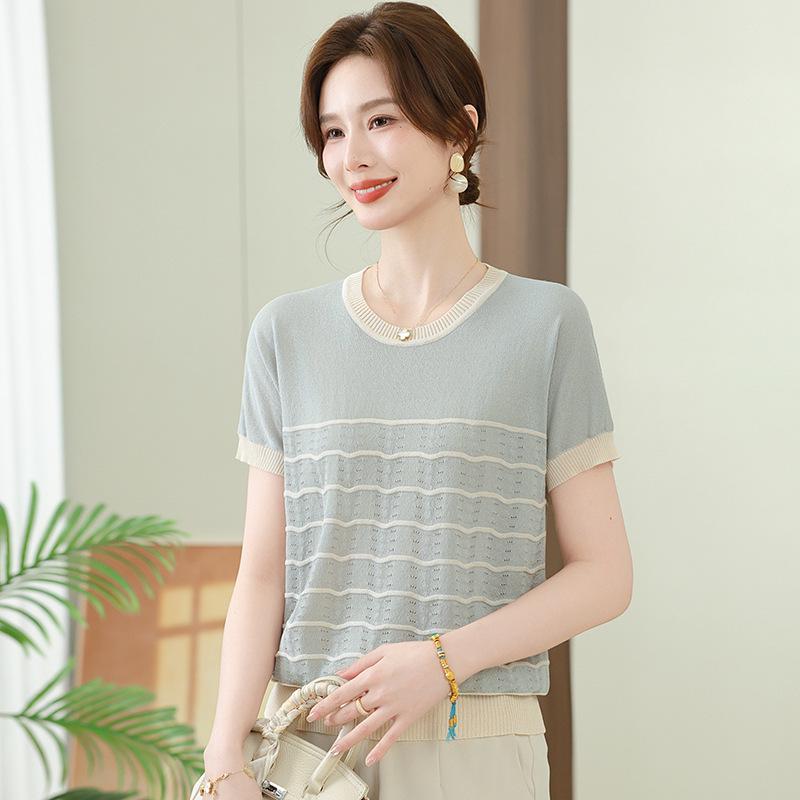 

2026 Summer Striped Short-Sleeve T-Shirt for Moms: Ice Silk Loose Fit for Mother s Day, Ideal for Middle-Aged and Elderly XL (Recommended 100-110 jin) сірий колір/синій