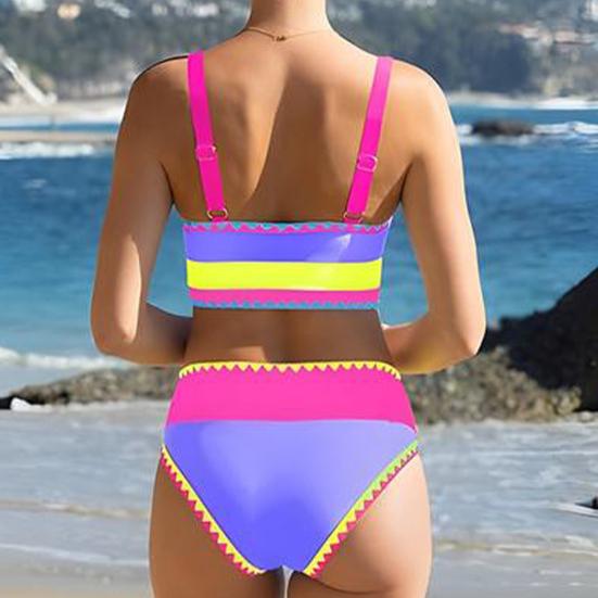 3 stk./Sæt Badedragt Sæt Polstret BH Uden Bøjle Højtaljet Bikini Trusse Sæt med Overnederdel Farveblokket Bølgemønster Bikini Sæt