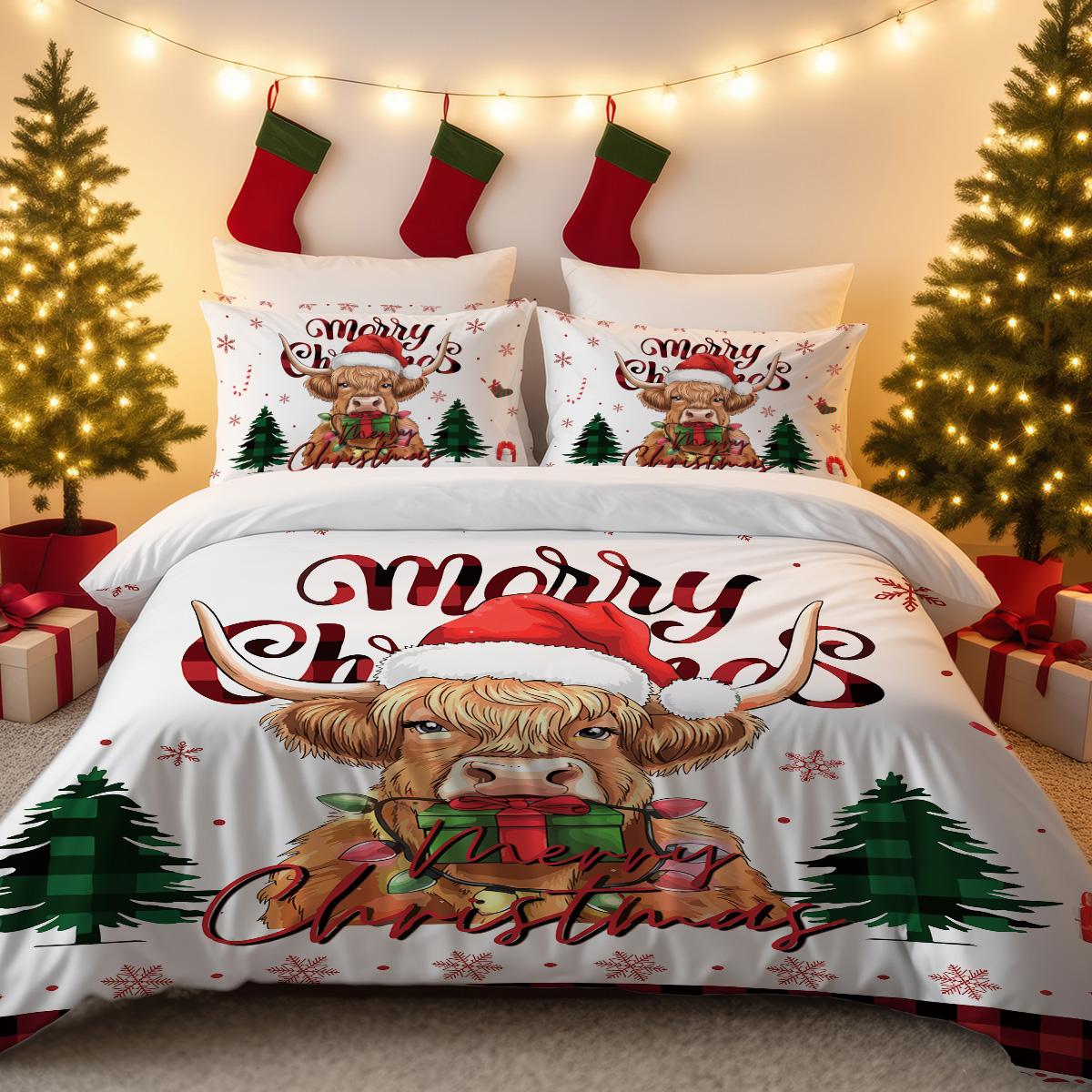 

3pc Christmas Highland Cow Print Coreless Holiday Bedding Set Soft Comfortable Bedroom Dormitory Multiple Sizes Machine Washable 135x200cm-EU-Single&set