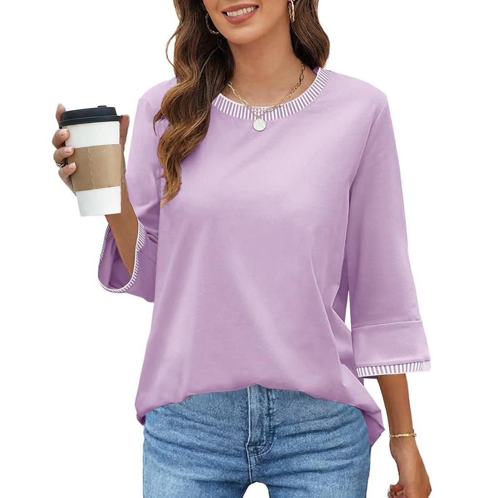 Women's Fashion Loose Round Neck Clashing Colour T-Shirt Seven Sleeve Top