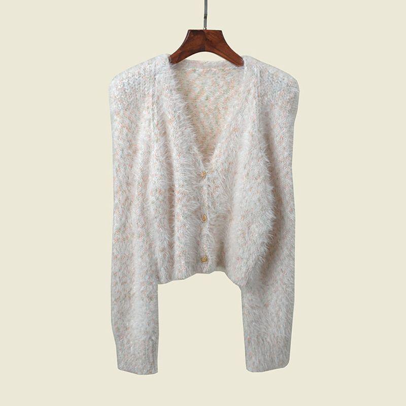 

Gentle Bubble Sleeve Flocking Color V Neck Sweater Cardigan 2022 Fall and Winter New Arrival Long Sleeve Knitted Coat Apricot color One size