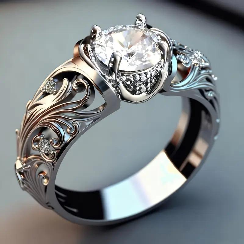Gorgeous Inlaid White CZ Women's Ring Trendy CopperColor Hand Carving Daily Wear Party Jewelry Anniversary Gift