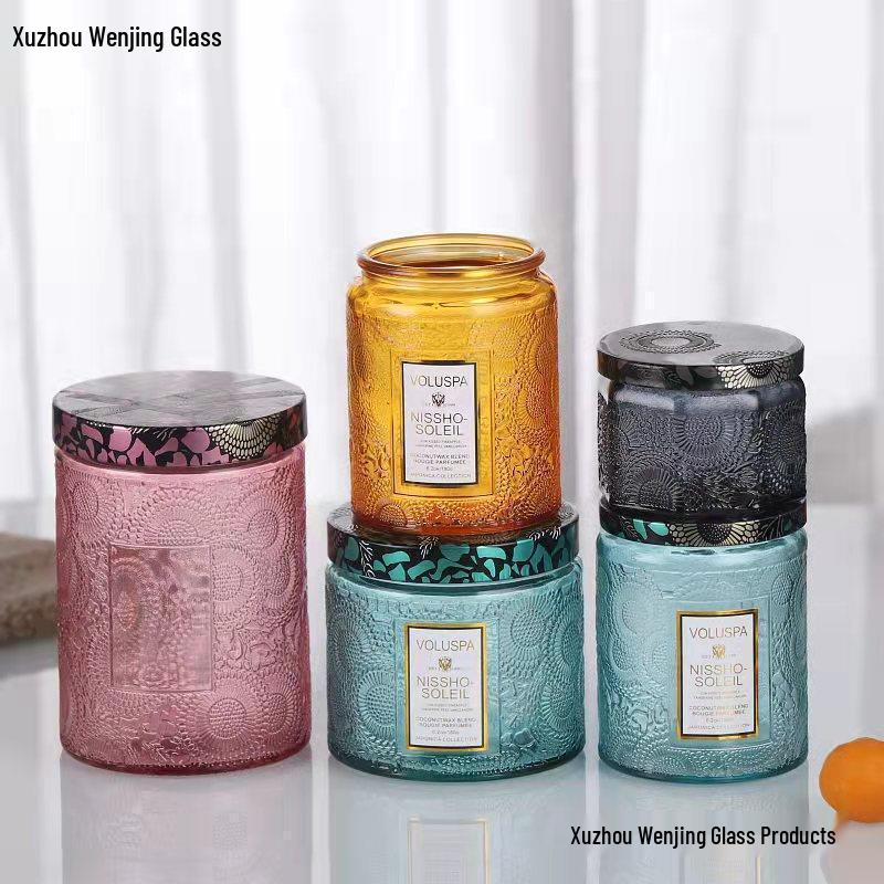 Embossed Glass Jar: DIY Flameless Scented Candle Cup with Colored Pattern