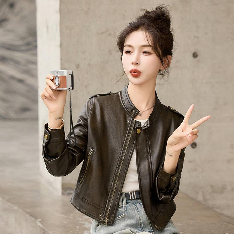 Leather Jacket Women's Short Spring and Autumn New Temperament Thin Stand-up Collar Locomotive Jacket Top