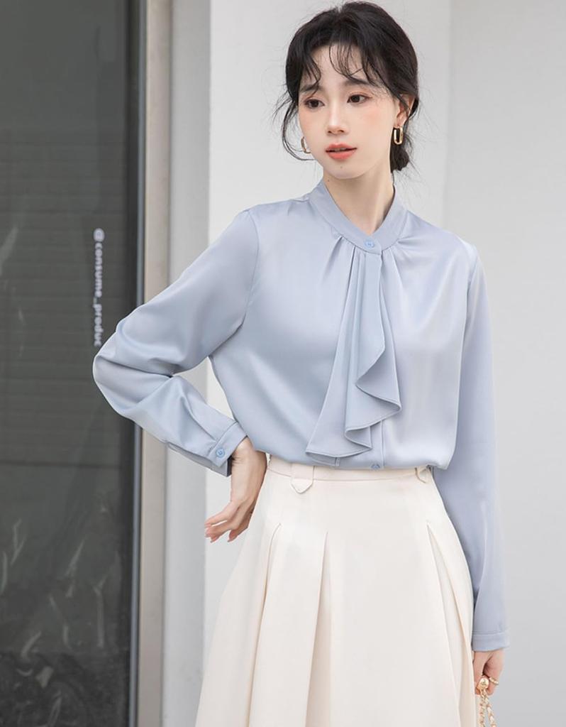 [SYitong] Women's Long-Sleeved Plain Blouse, Stylish, Washable, Collarless, White/Pink, Lined, Business/Office, Cute, Popular, Date, Outing, Commuting