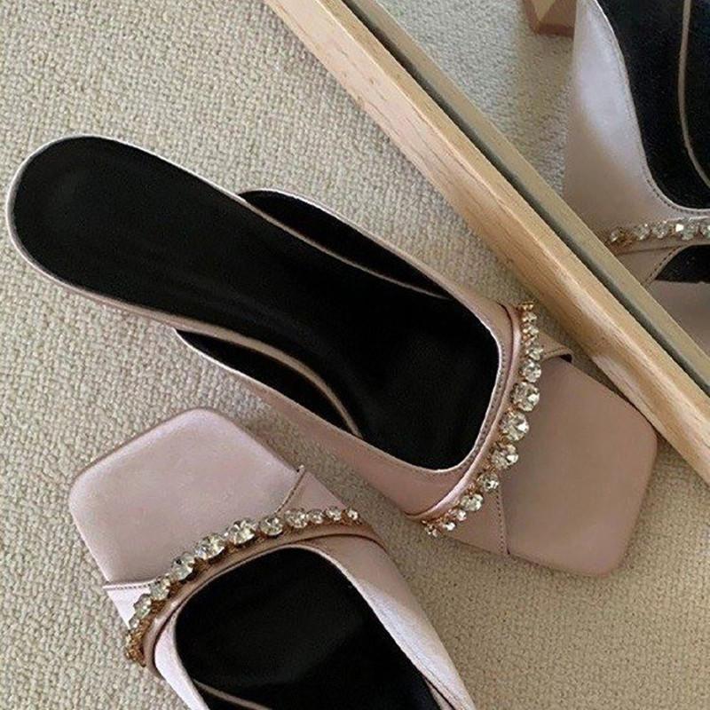 Spring and Summer Footwear Plus Size Open Toe Word with High-heeled Sandals and Rhinestone Slippers Women's Shoes