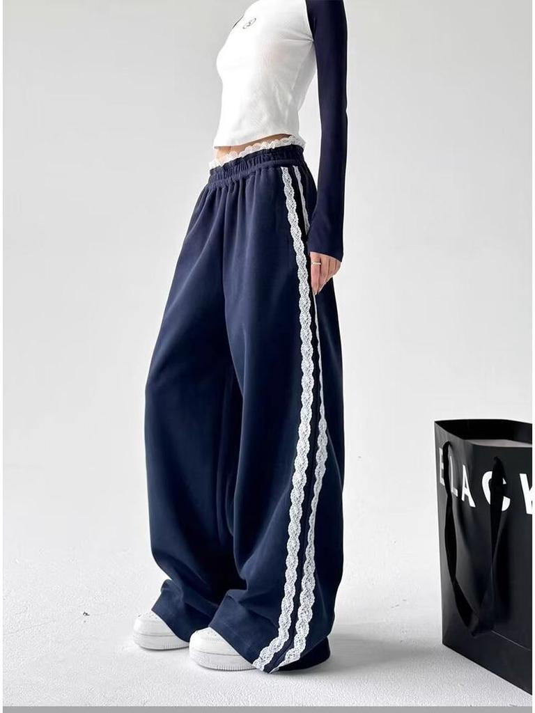 2024 Women's Trendy High Waist Wide-Leg Patchwork Lace Sweatpants