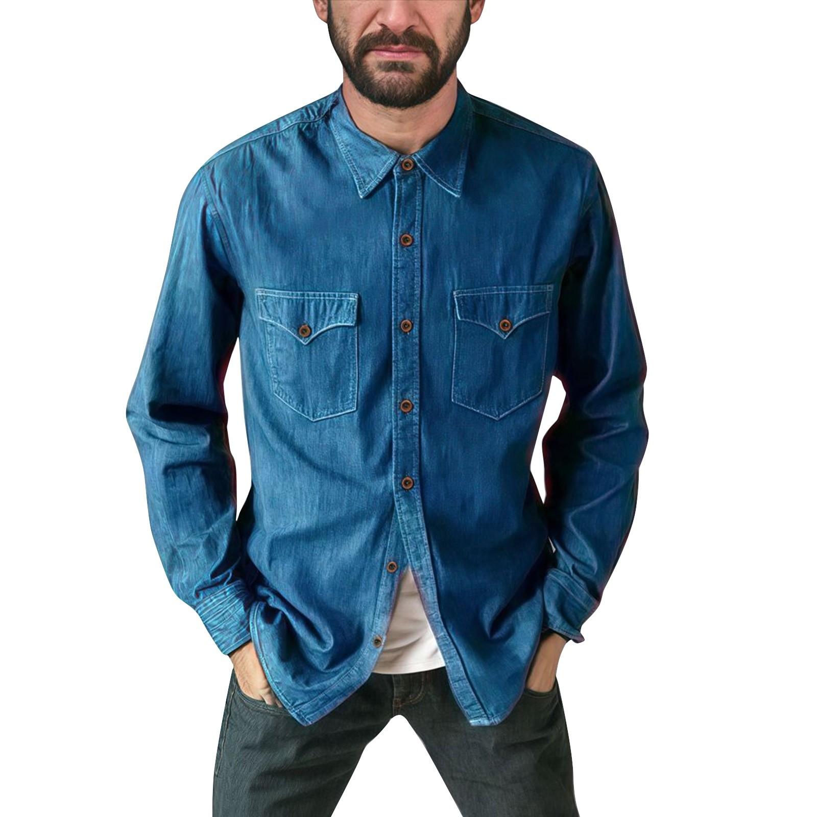 

Мужская летняя однотонная рубашка с лацканами и длинными рукавами, мужская повседневная модная рубашка с длинными рукавами XL синий