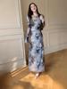 Elegant French-Inspired Ink Painting Dress with Bell Sleeves and Butterfly Waist-Cinching Design