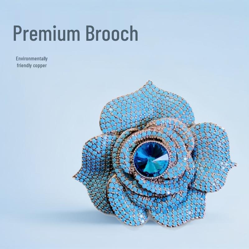 Chinese Camellia Brooch with Turquoise, High-End Corsage Sweater Chain, Women's Fashion Accessory