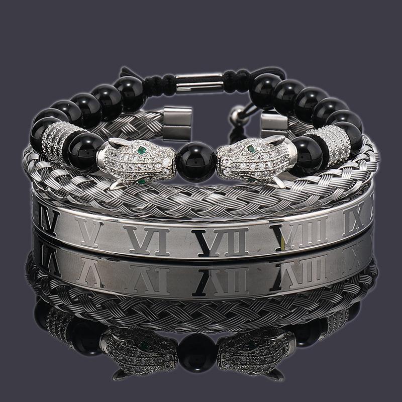Luxury Black Stone Beads Leopard Head Man Bracelet Enamel Stainless Steel Roman Bangles Women Jewelry 3 pieces make a set
