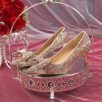 Bling Shiny Glitter Pumps Women Slip -On Sweet Bowknot High Heels Shoes Woman Shining Thin Heels Wedding Party Shoes