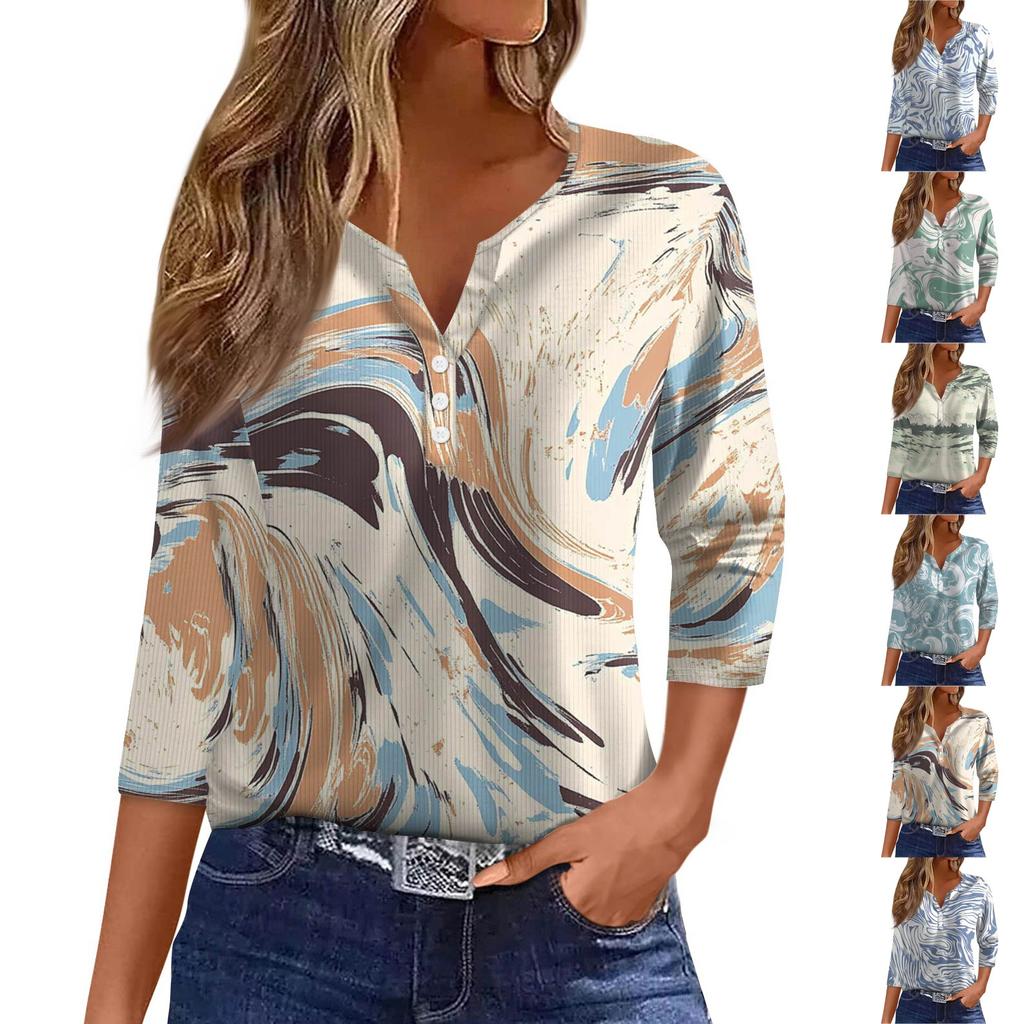 Damen T-Shirt Print Button 3/4 Ärmel Tunika Alltag Wochenendmode Basic V-Ausschnitt Normales Oberteil