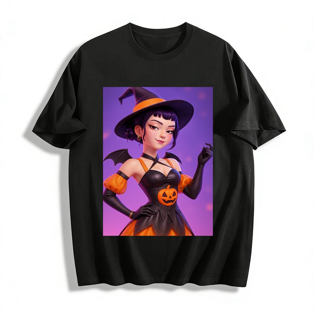 Halloween Pumpkin Witch Print Casual Top Festival Vibe Loose Comfortable Versatile Long Sleeve T-Shirt Pure cotton T-shirt