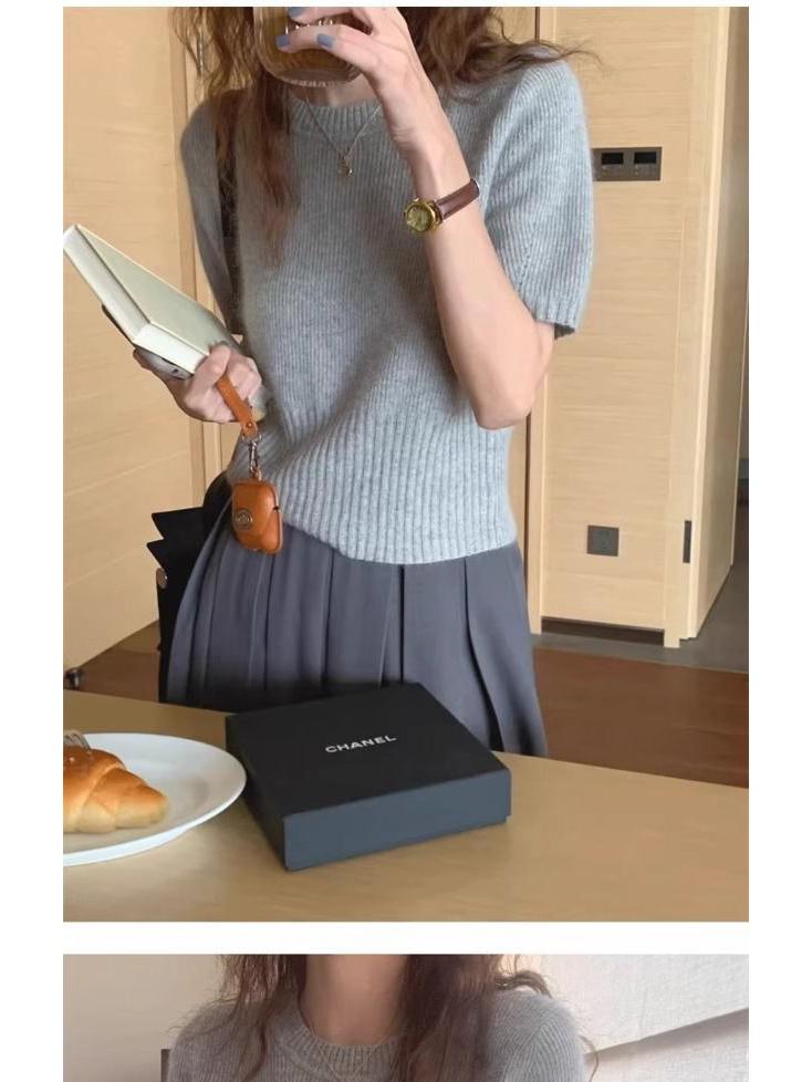 Women's High-End Soft Gray Knitwear: Bubble Sleeve Fitted Round Neck Short Sleeve Sweater for Autumn/Spring