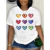 Europäische Größe Damen Übergröße Oversized T-Shirt - Weiß mit Mehrfarbigem Herz-Print