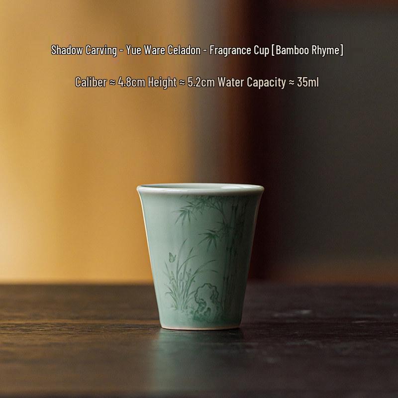 Guanlan Yue Celadon Shadow Carved Zodiac Tea Cup - High-Grade Ceramic Masterpiece for Aroma and Tea Tasting