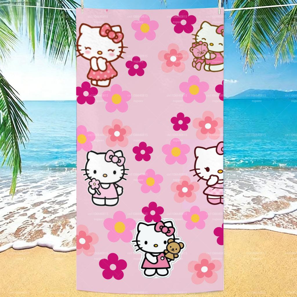 Hello Kitty Pink Floral Beach Towel, Sanrio Cartoon Quick Dry Bath Towel for Kids Adults, Cute Flower Print Beach Blanket