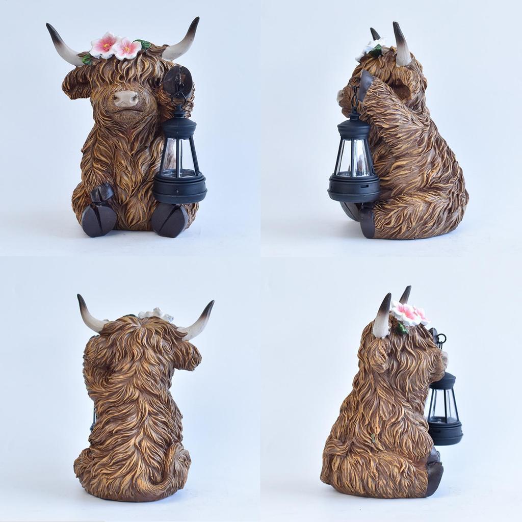 Highland Cow Garden Decor Realistic Highland Bull Animal Light Realistic Solar Powered Resin Statue For Bedroom Desk Apartment