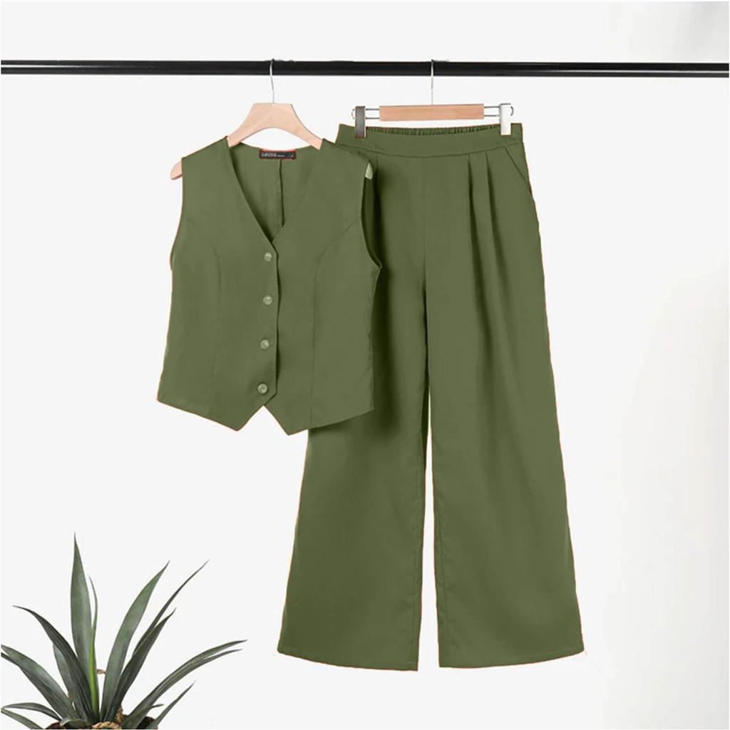 Women's Casual Summer Linen Two-Piece Sleeveless Top High Waist Trousers Beach Vacation Set
