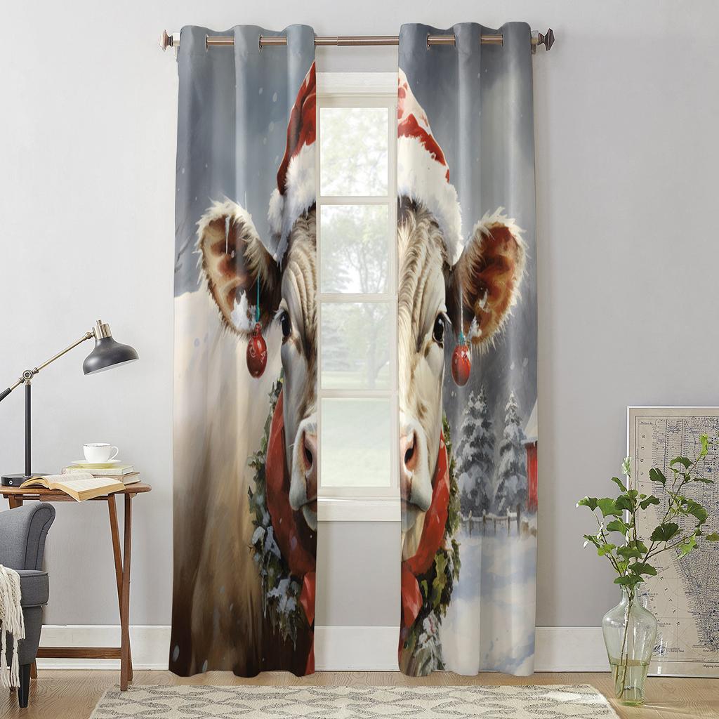 Christmas Snow Farm Cow Window Curtains for Living Room Bedroom Luxury Modern Kitchen Curtains Fabric Drapes