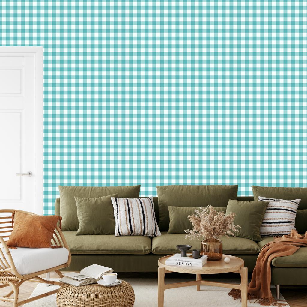 Wallpaper Fabric Pattern Celadon, Turquoise, White and Mint 50x1000