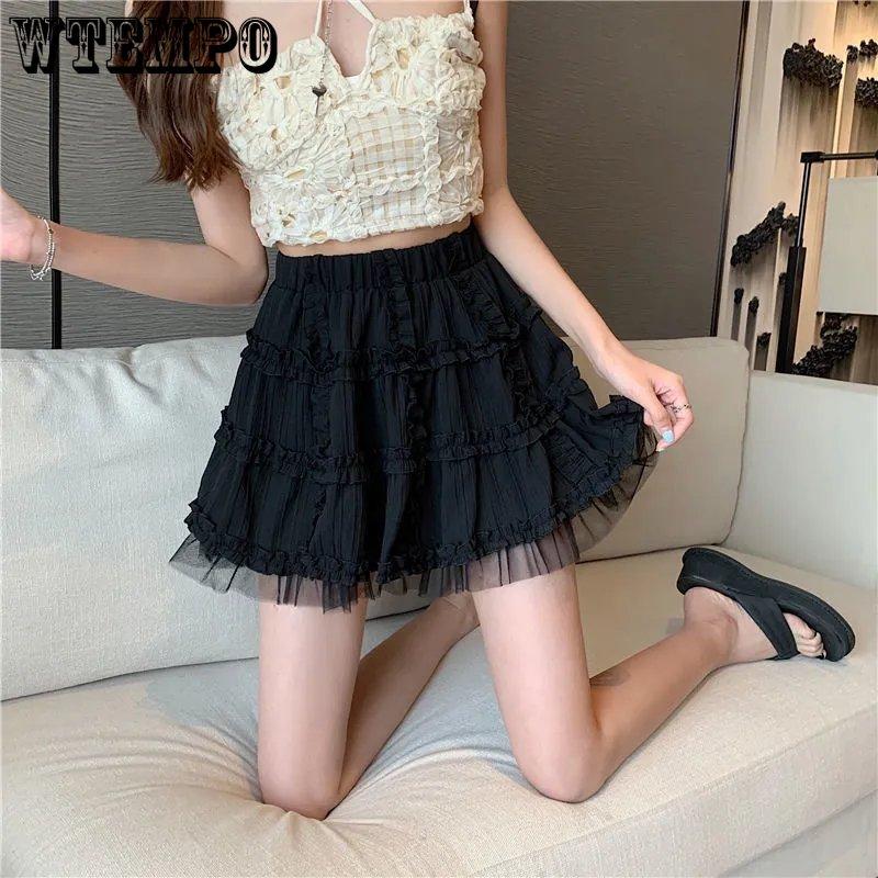 WTEMPO Kawaii Mini Sukně Dámské Lolita Krajka Volánky Patchwork Černá Sukně Preppy Styl Jednobarevné Korejské Sukně s Vysokým Pasem