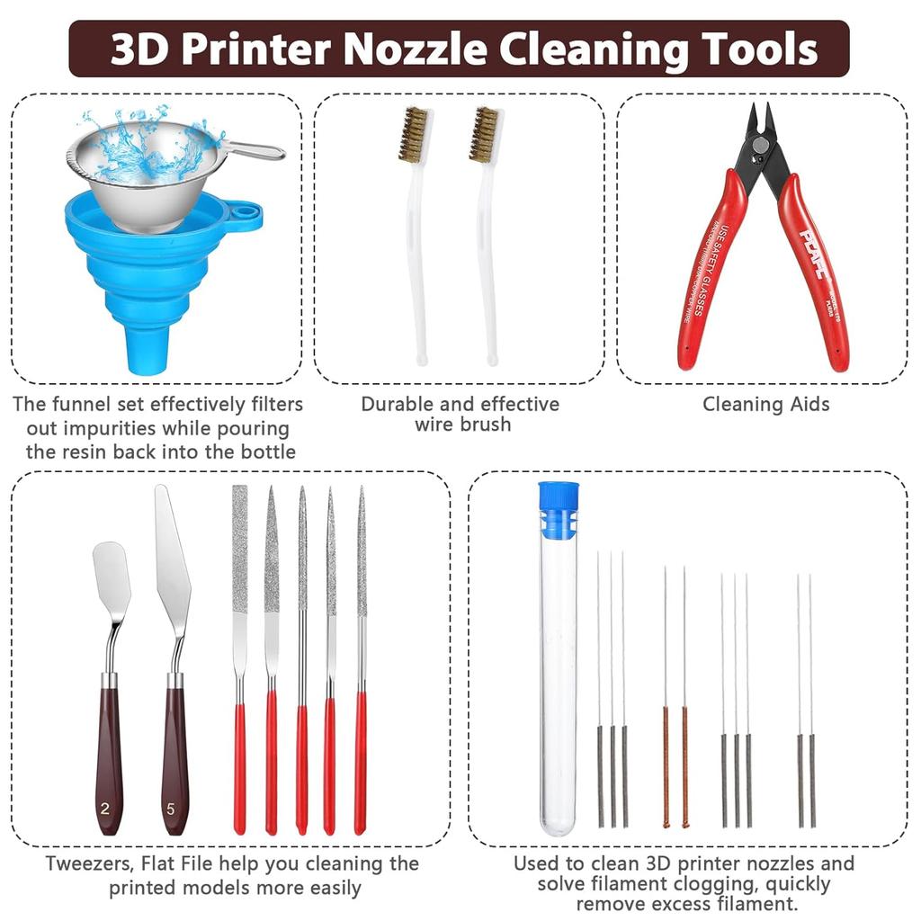 25 Pcs 3D Printer Tools Kit 3D Printing Accessories Include 2 Wire Brush 1 Putty 1 Plastic Shovel 5 Diamond Files 2 Tweezer 10 Needles 1 Plier 1