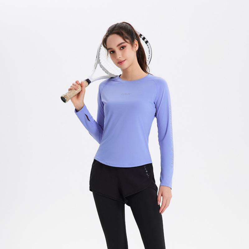 

Женский топ с длинным рукавом из ледяного шелка, быстросохнущий, для йоги, бега, фитнеса - приталенный, футболка с круглым вырезом для весны, лета, осени Extra Large светло-синий