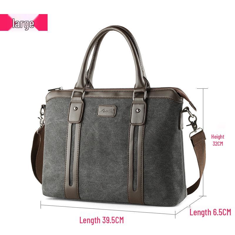 Men's Classic Canvas Business Briefcase: Horizontal Shoulder Bag with Cowhide Accents for Laptop and Daily Use