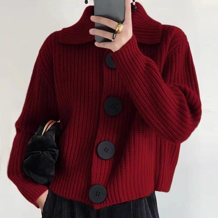 

QICED Осень и зима длинный рукав свободный модный большой пуговицы лацкан вязаный кардиган женский пальто весенний свитер тренд Uniform size