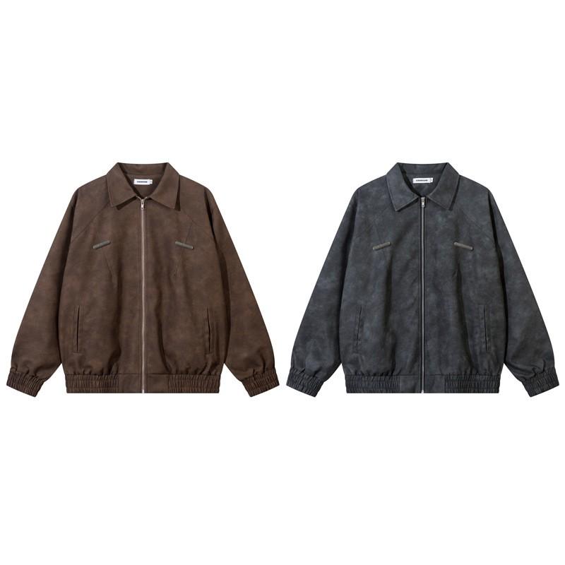 Unisex Vintage Streetwear PU Leather Jacket With Lapel Collar Metal Accents Loose Fit Winter
