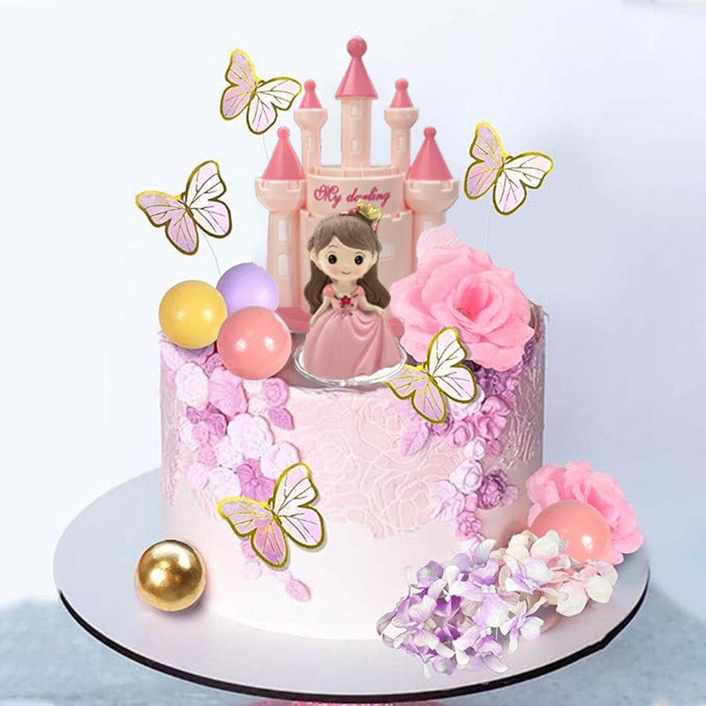 40 PCS Princess Cake Topper Castle Cake Decoration with Butterflies Artificial Flowers and Balls for Girls Kids Happy Birthday P