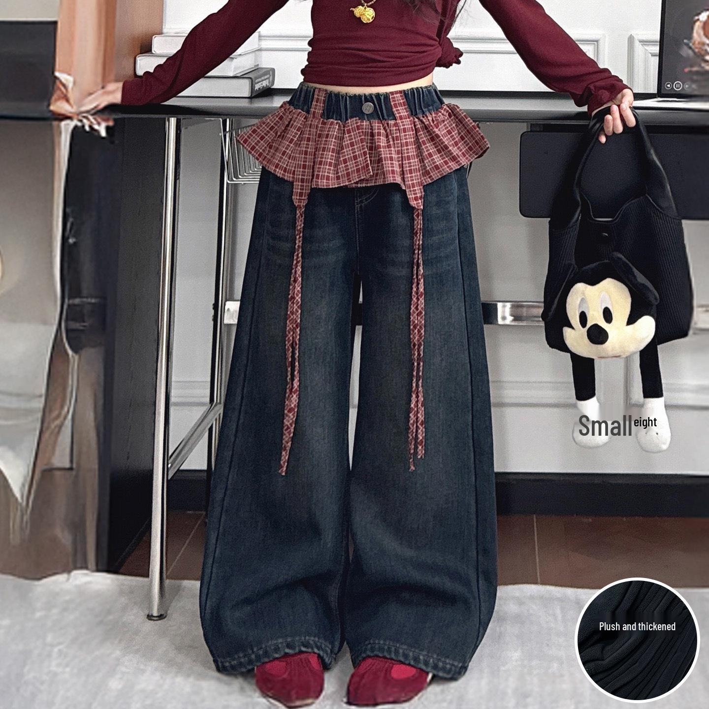 

Дівчачі джинси з широкими штанинами в клітинку з мереживом на флісовій підкладці 2025 170 cm