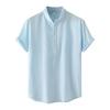 Men's Summer Casual Fashion Solid Color Cotton Linen Top Stand Collar Short Sleeve Shirt