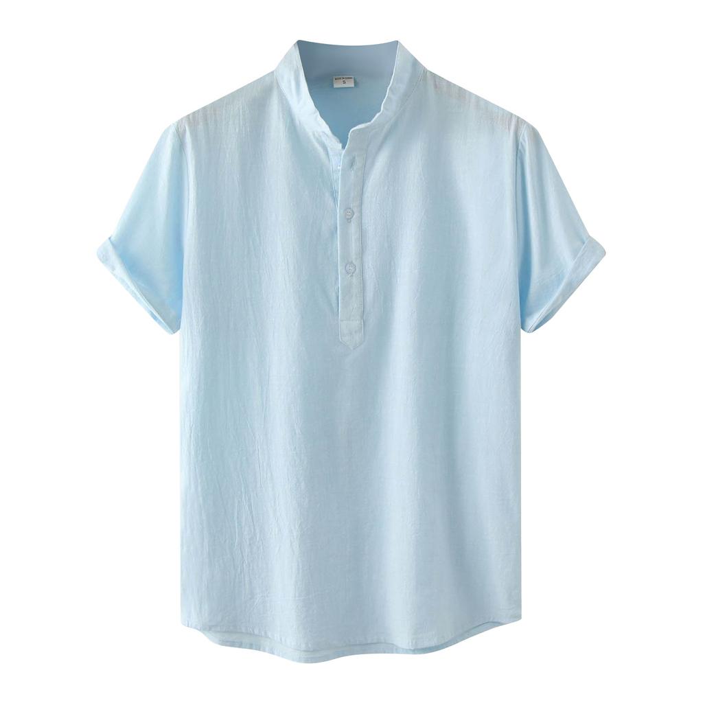 Men's Summer Casual Fashion Solid Color Cotton Linen Top Stand Collar Short Sleeve Shirt