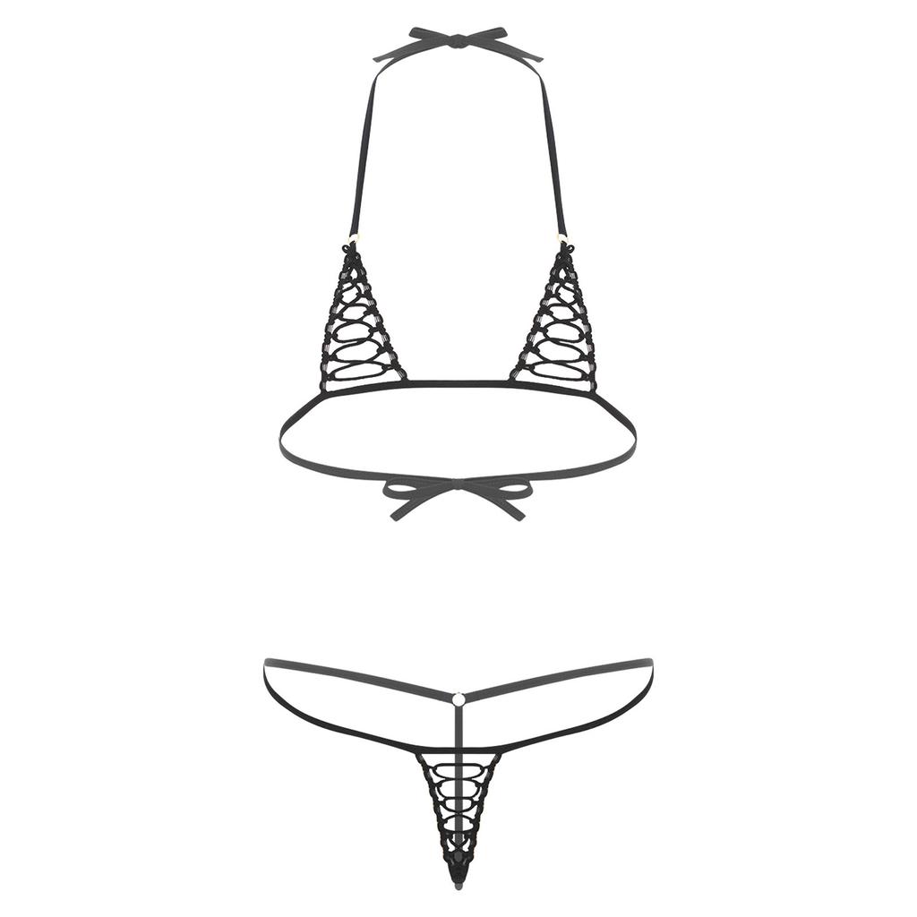 Womens Sheer Micro Bikini Set Halter Bra Top-G string Thong Swimsuit