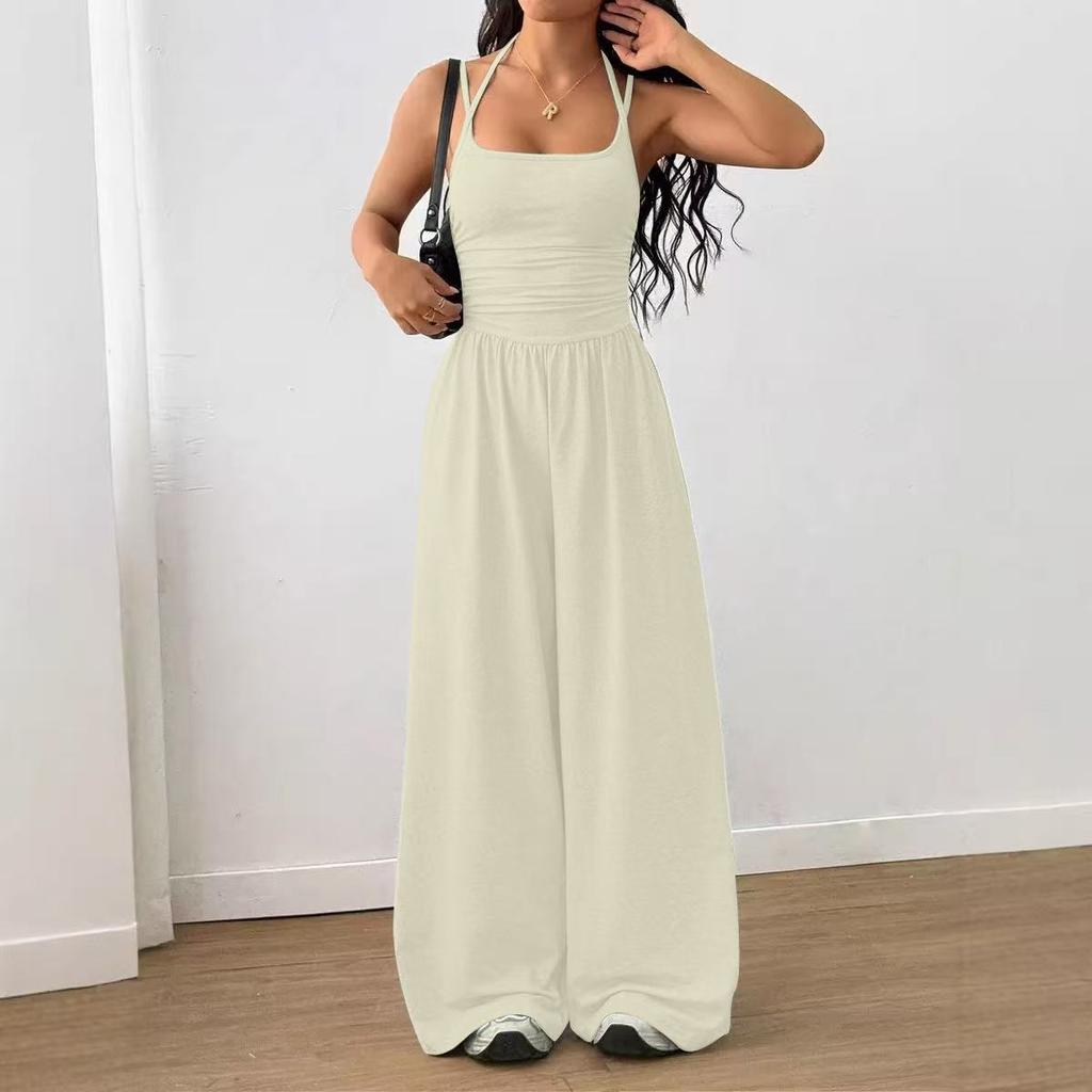 Women's Crisscross Spaghetti Strap Square Neck Ruched High Waist Wide Leg Long Jumpsuit Casual Summer Romper