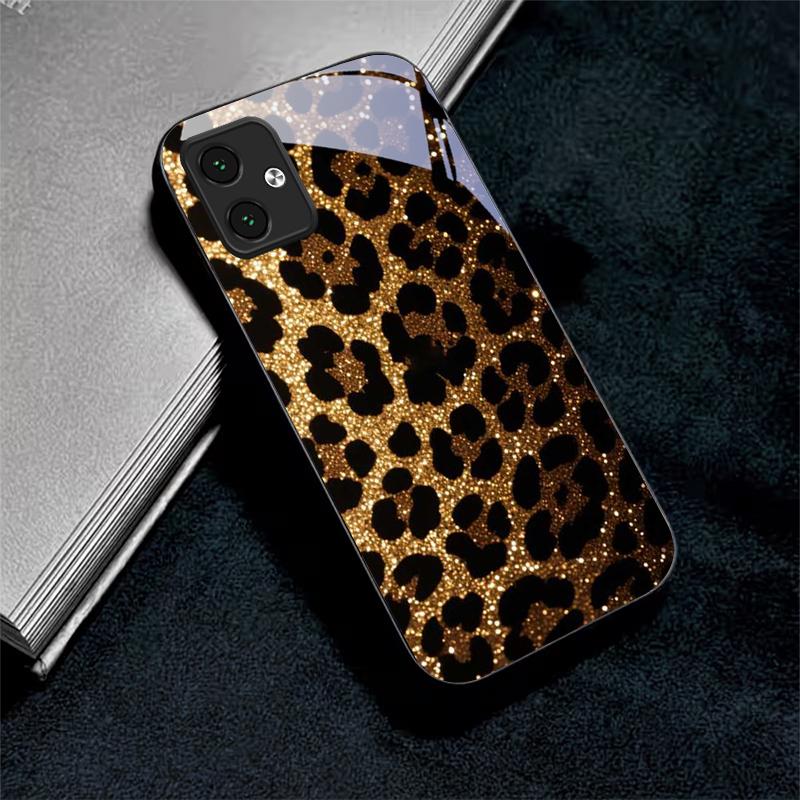 Goldfarbene Leopardenmuster Schwarze Glas-Handyhülle für Motorola Moto G14 G22 G24Power G24 G34 G35 G45 G54 G55 G75 G84 G85 Harte Rückseite