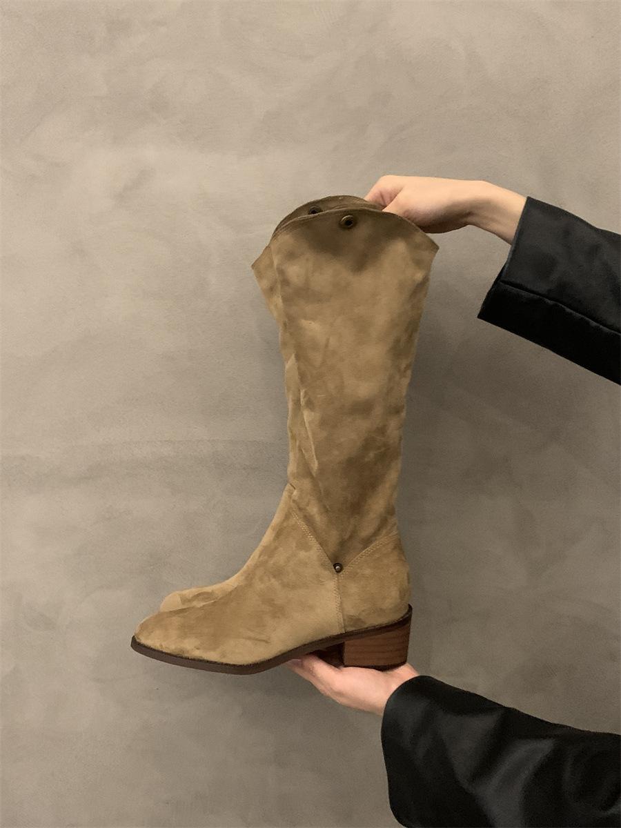 

Coarse heel khaki stacking boots medium boots women s shoes new spring, autumn and winter suede thin long boots 35 хаки