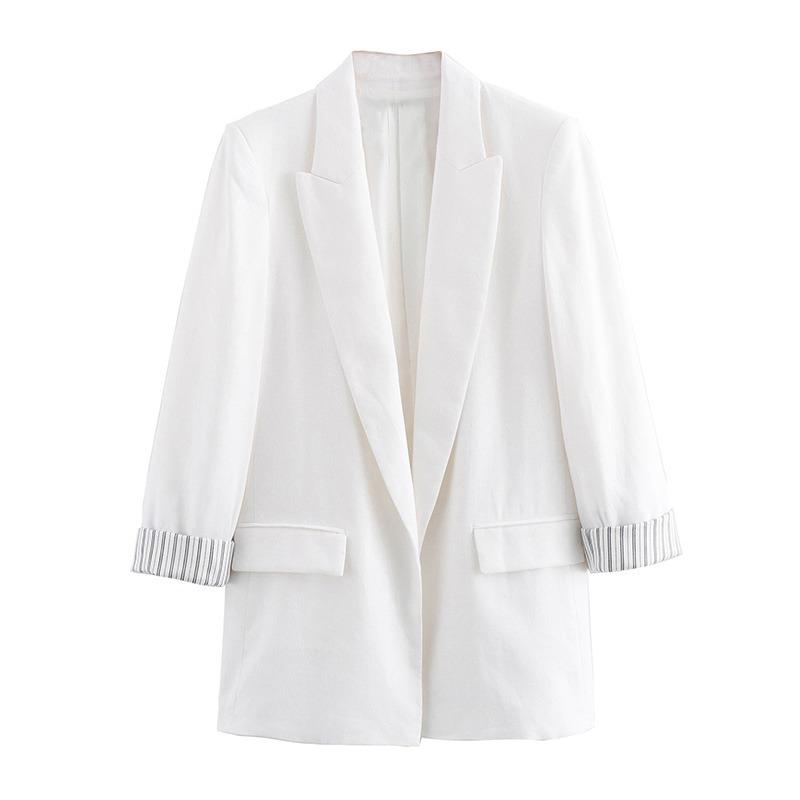Faux Linen Roll-Up Sleeve Color Block Suit Jacket Autumn Women Fashionable Office Loose Blazer Coat Female Chic Outerwear