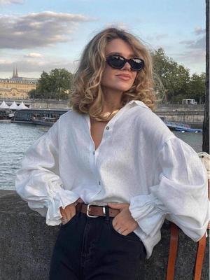 2025 Spring/Summer White Crepe Stand Collar Lantern Sleeve Loose Fit Top