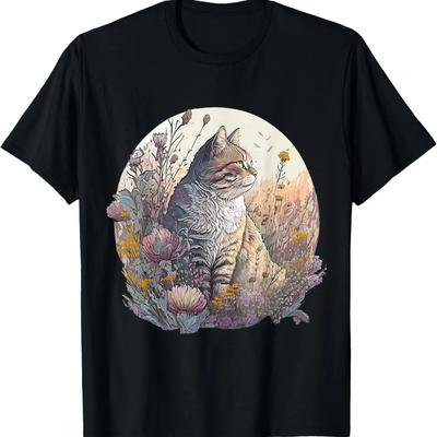 Cute Cottagecore Floral Cat Aesthetic Girls Women Graphic T-Shirt