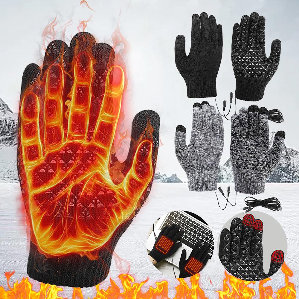 USB Heated Knitted Gloves Touch Screen Gloves Non-Slip Thermal Knitting Mitts Thicken Winter Cycling Gloves for Outdoor Sports